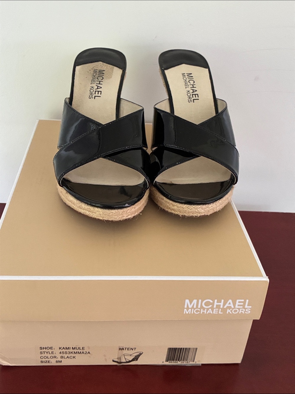 MICHAEL Michael Kors Black Patent Espadrille Wedge Slides - Picture 3 of 12